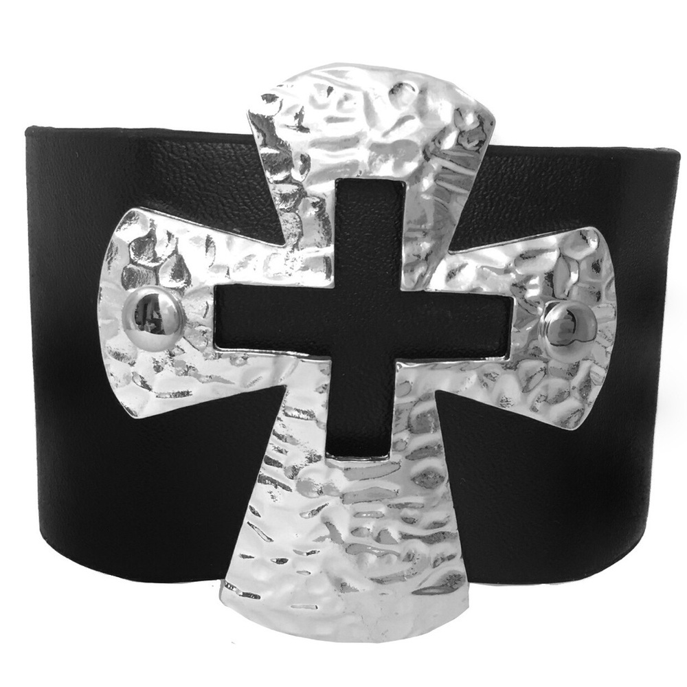Wide Black Faux Leather Hammered Christian Cross Snap Bracelet